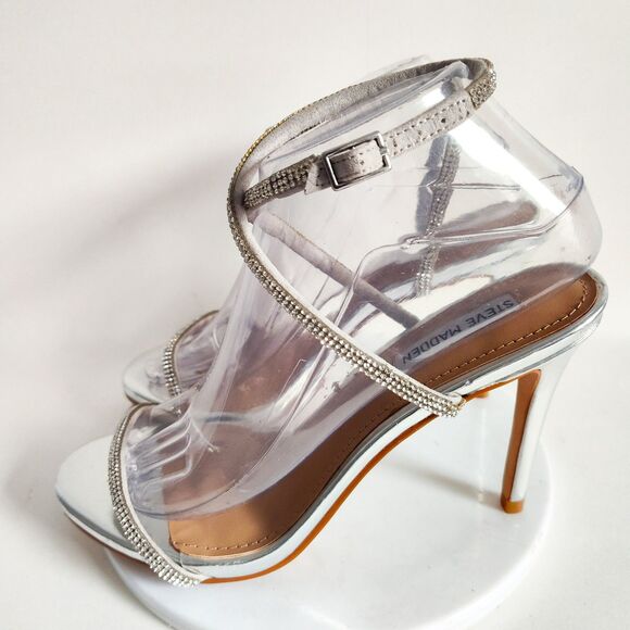 Steve Madden 8.5 Pumps Strappy Rhinestones Formal Dressy Silver Open Toe Heels - Picture 4 of 9